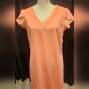 Japna Shift Dress- Salmon, Lined, V-neck, Cap Sleeve Women's Med